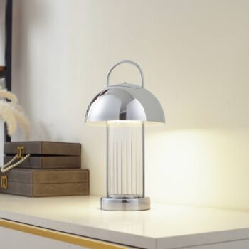 Lindby LED dobíjacia stolová lampa Mareli, chróm, kov, Ø 18 cm