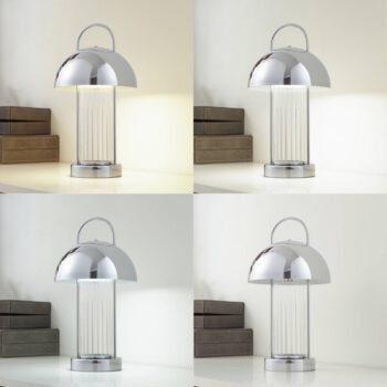 Lindby LED dobíjacia stolová lampa Mareli, chróm, kov, Ø 18 cm