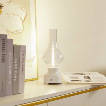 Lindby LED dobíjacia stolová lampa Maxentius, krémová, sklo, stmievač