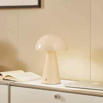 Lindby LED dobíjacia stolová lampa Nevijo, béžová, Ø20cm, USB, stmievač