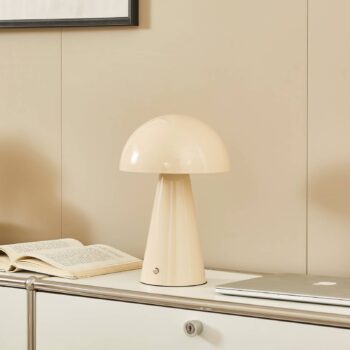 Lindby LED dobíjacia stolová lampa Nevijo, béžová, Ø20cm, USB, stmievač