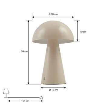 Lindby LED dobíjacia stolová lampa Nevijo, béžová, Ø20cm, USB, stmievač