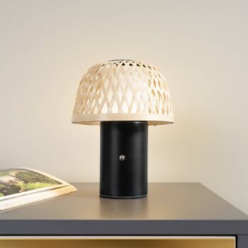 Lindby LED dobíjacia stolová lampa Nifelia, bambus, CCT, stmievateľná