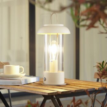 Lindby LED dobíjacia stolová lampa Yvette, marhuľovo-béžová, IP44, dotyková