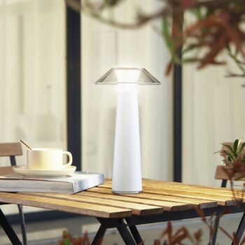 Lindby LED dobíjacia vonkajšia stolová lampa Gomba, biela, stmievateľná