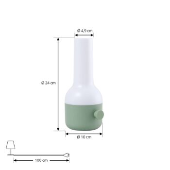 Lindby LED dobíjacia vonkajšia stolová lampa Isaline, zelená, stmievateľná