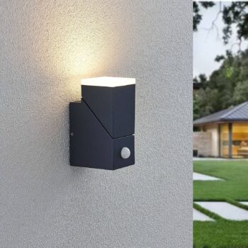 Lindby LED nástenné svietidlo Sally, 15 cm, antracitová farba, IP54, senzor