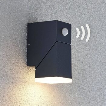 Lindby LED nástenné svietidlo Sally, 15 cm, antracitová farba, IP54, senzor