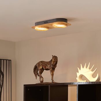 Lindby LED reflektor Joren, drevo, 38 x 16 cm, 2 svetlá, 3 000 K