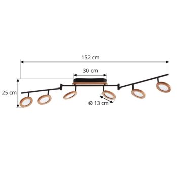Lindby LED reflektor Manel, drevo, dĺžka 152 cm, 6 plamienkov