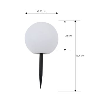 Lindby LED solárna lampa Lago, Ø 25 cm, guľa, zemný hrot, biela