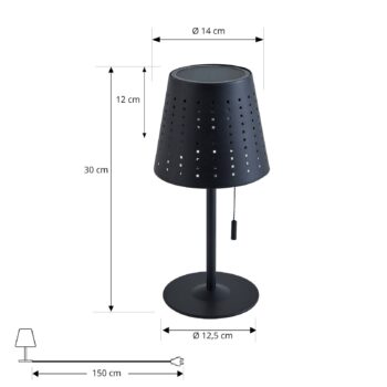 Lindby LED solárna stolová lampa Hilario, čierna, železo, dobíjacia batéria