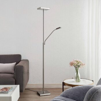 Lindby LED stojaca lampa Sumani, hranatá, niklová, výška 180 cm