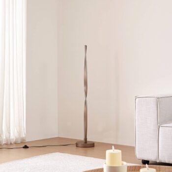 Lindby LED stojacia lampa Jaren, čierna/hnedá, 114 cm, CCT