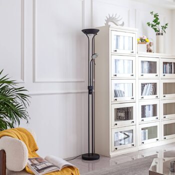 Lindby LED stojacia lampa Josefin, čierna, svetlo na čítanie, stmievateľná