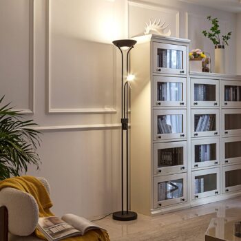 Lindby LED stojacia lampa Josefin, čierna, svetlo na čítanie, stmievateľná