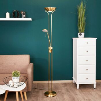 Lindby LED stojacia lampa Josefin, mosadz, svetlo na čítanie, stmievateľné
