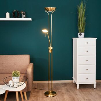 Lindby LED stojacia lampa Josefin, mosadz, svetlo na čítanie, stmievateľné