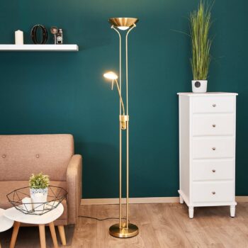 Lindby LED stojacia lampa Josefin, mosadz, svetlo na čítanie, stmievateľné