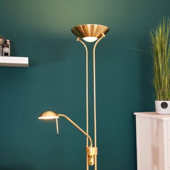 Lindby LED stojacia lampa Josefin, mosadz, svetlo na čítanie, stmievateľné