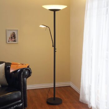 Lindby LED stojacia lampa Ragna, svetlo na čítanie, čierna, stmievateľná
