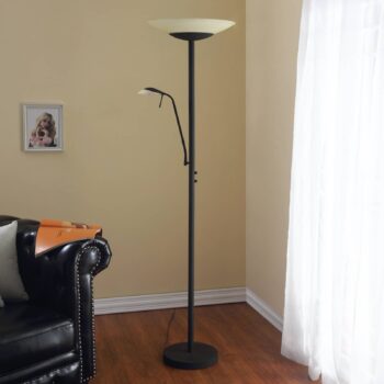 Lindby LED stojacia lampa Ragna, svetlo na čítanie, čierna, stmievateľná