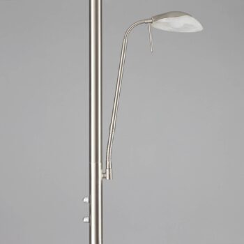 Lindby LED stojacia lampa Ragna, svetlo na čítanie, nikel, stmievateľná