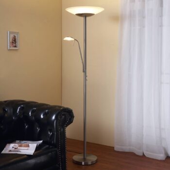 Lindby LED stojacia lampa Ragna, svetlo na čítanie, nikel, stmievateľná