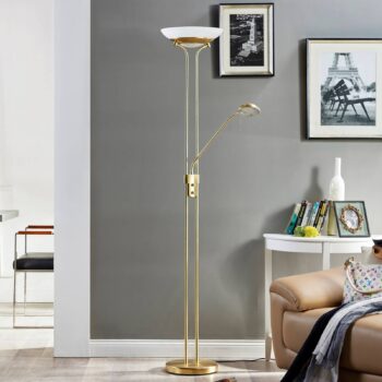 Lindby LED stojacia lampa Yveta, mosadz, kov, stmievateľná, 183 cm