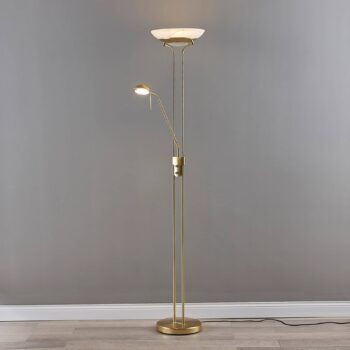 Lindby LED stojacia lampa Yveta, mosadz, kov, stmievateľná, 183 cm