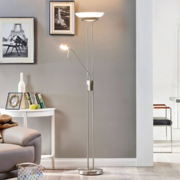 Lindby LED stojacia lampa Yveta, niklová farba, kov, stmievateľná