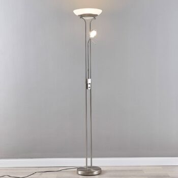 Lindby LED stojacia lampa Yveta, niklová farba, kov, stmievateľná