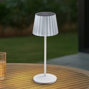 Lindby LED stolová lampa Esali, biela, drážkovaná, 29 cm