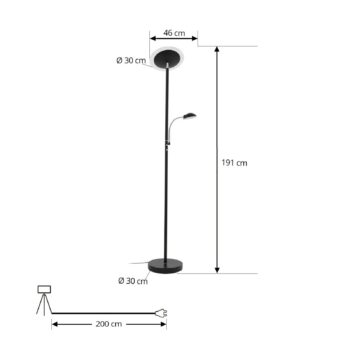 Lindby LED stropná podložka Malea, 180 cm, čierna, čítacie rameno