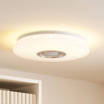 Lindby LED stropné svietidlo Elpida, reproduktor, biela, Ø 39 cm