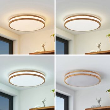 Lindby LED stropné svietidlo Emiva, 50 cm, CCT, diaľkové ovládanie, drevo
