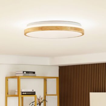 Lindby LED stropné svietidlo Emiva, Ø 49 cm, CCT, drevo