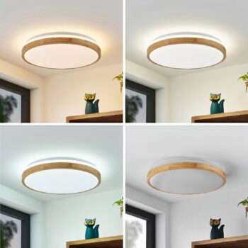 Lindby LED stropné svietidlo Emiva, Ø 49 cm, CCT, drevo