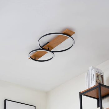 Lindby LED stropné svietidlo Galad, čierne, drevo, 2 svetlá, 75 cm