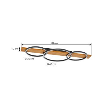 Lindby LED stropné svietidlo Galad, čierne, drevo, 3 svetlá, 98 cm