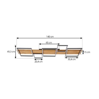 Lindby LED stropné svietidlo Galad, čierne, drevo, 5 svetiel, 140 cm