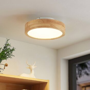 Lindby LED stropné svietidlo Lanira, Ø 30 cm, drevo, diaľkové ovládanie, CCT