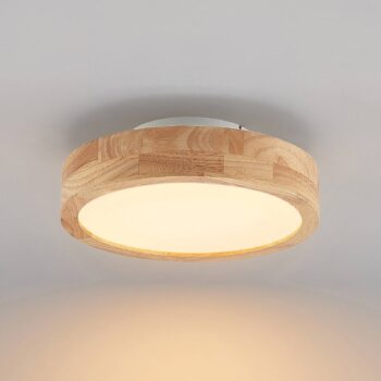 Lindby LED stropné svietidlo Lanira, Ø 30 cm, drevo, diaľkové ovládanie, CCT