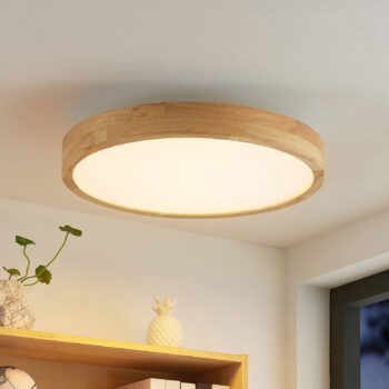 Lindby LED stropné svietidlo Lanira, Ø 50 cm, drevo, diaľkové ovládanie, CCT