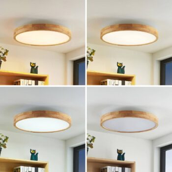 Lindby LED stropné svietidlo Lanira, Ø 60 cm, drevo, diaľkové ovládanie, CCT