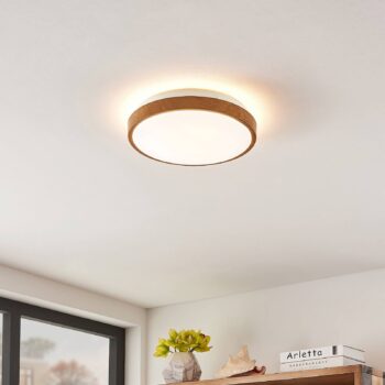 Lindby LED stropné svietidlo Mendosa, okrúhle, svetlé drevo, Ø 29 cm
