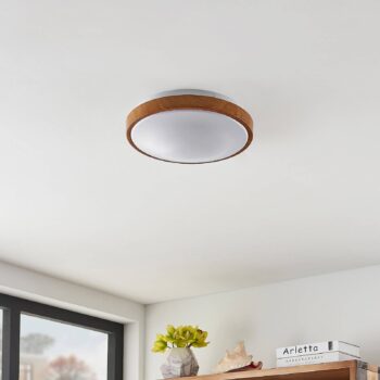 Lindby LED stropné svietidlo Mendosa, okrúhle, svetlé drevo, Ø 29 cm