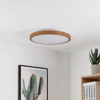 Lindby LED stropné svietidlo Mynte, Ø43cm, vzhľad dreva, plast