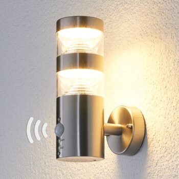 Lindby LED vonkajšie nástenné svietidlo Lanea, 22 cm, nerezová oceľ, senzor
