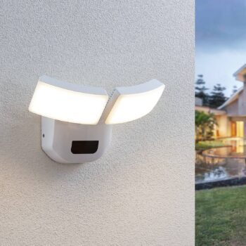 Lindby LED vonkajšie nástenné svietidlo Nikias, 30 cm, senzor, 2 svetlá, biele
